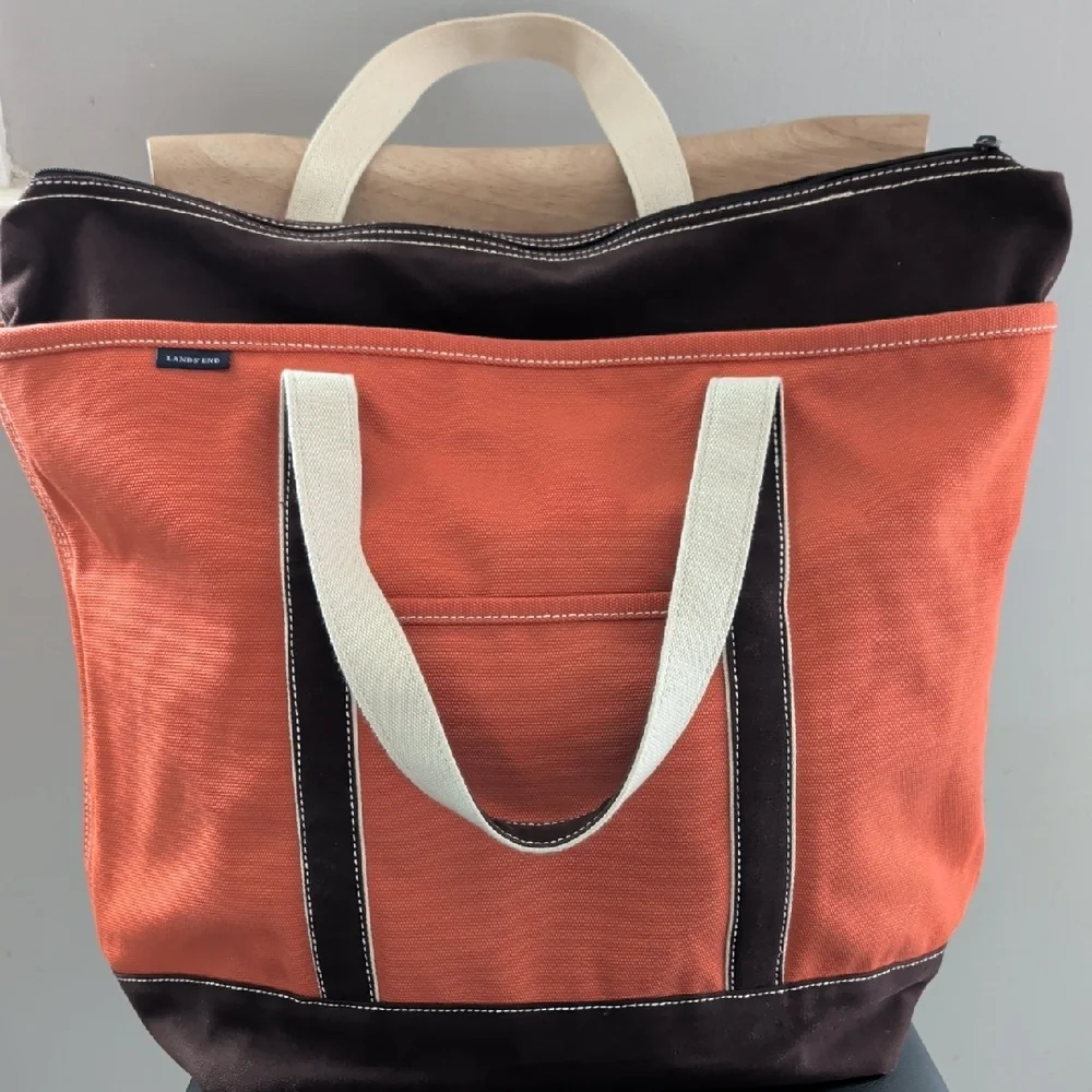 Lands' End Orange Large Canvas Zip-Top Tote EUC - Picture 3 of 9